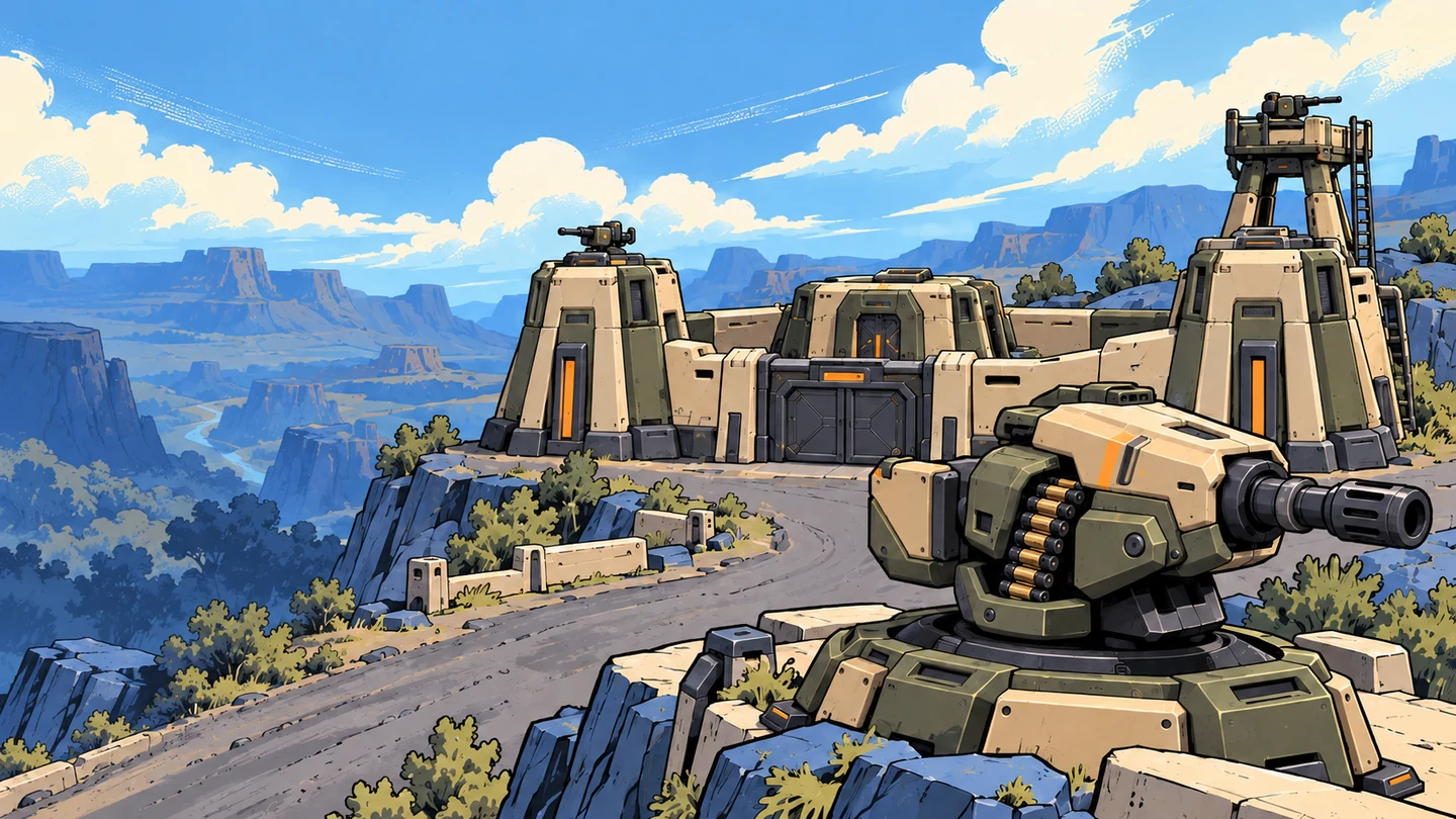 Illustrated defenses guarding an outpost above a sunlit canyon.